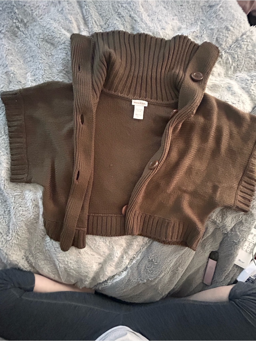 Monroe & Main Brown Short-Sleeve Ribbed Collar Cardigan